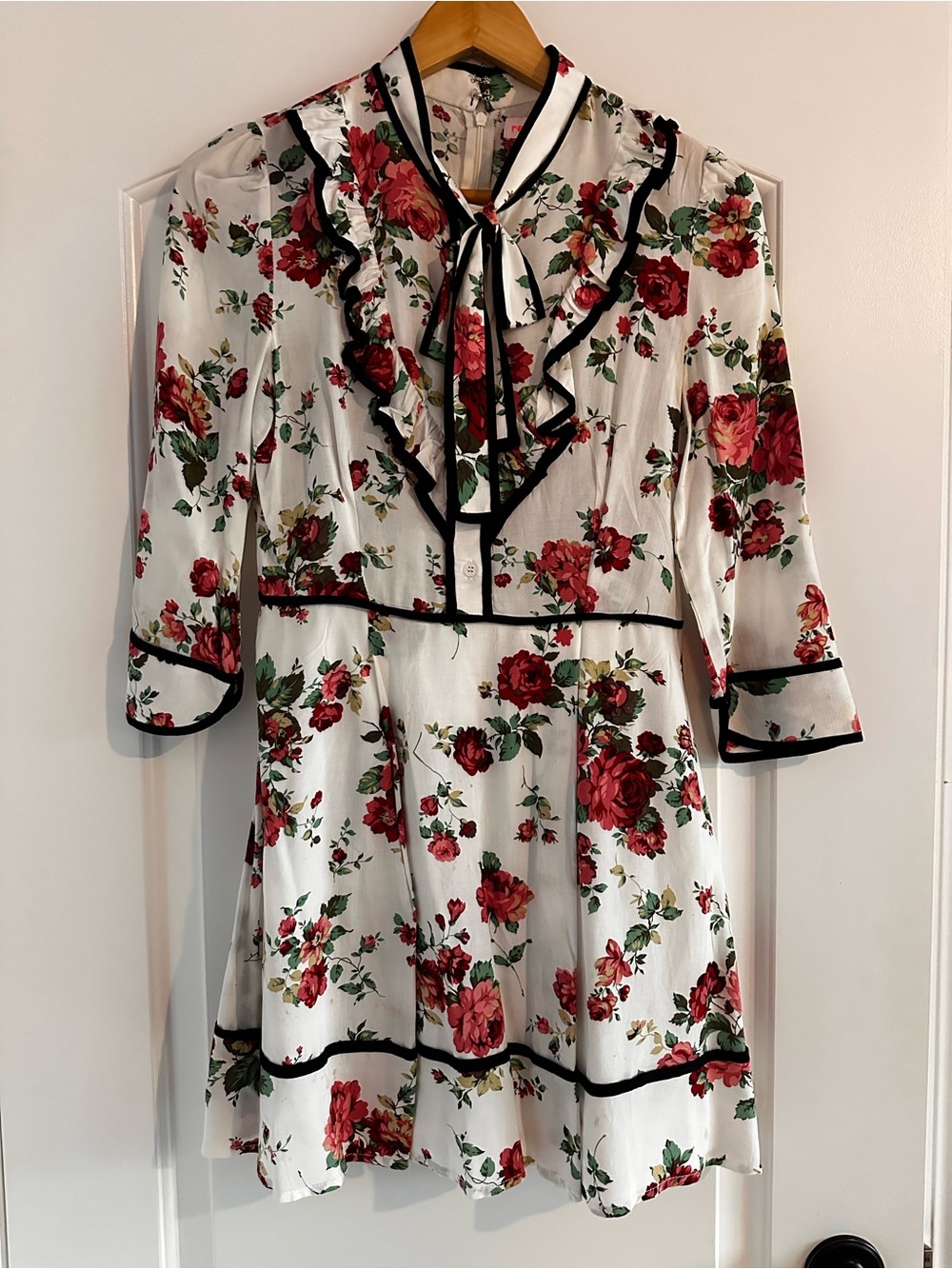 re:named White Floral Tie-Neck Dress with Black Trim
